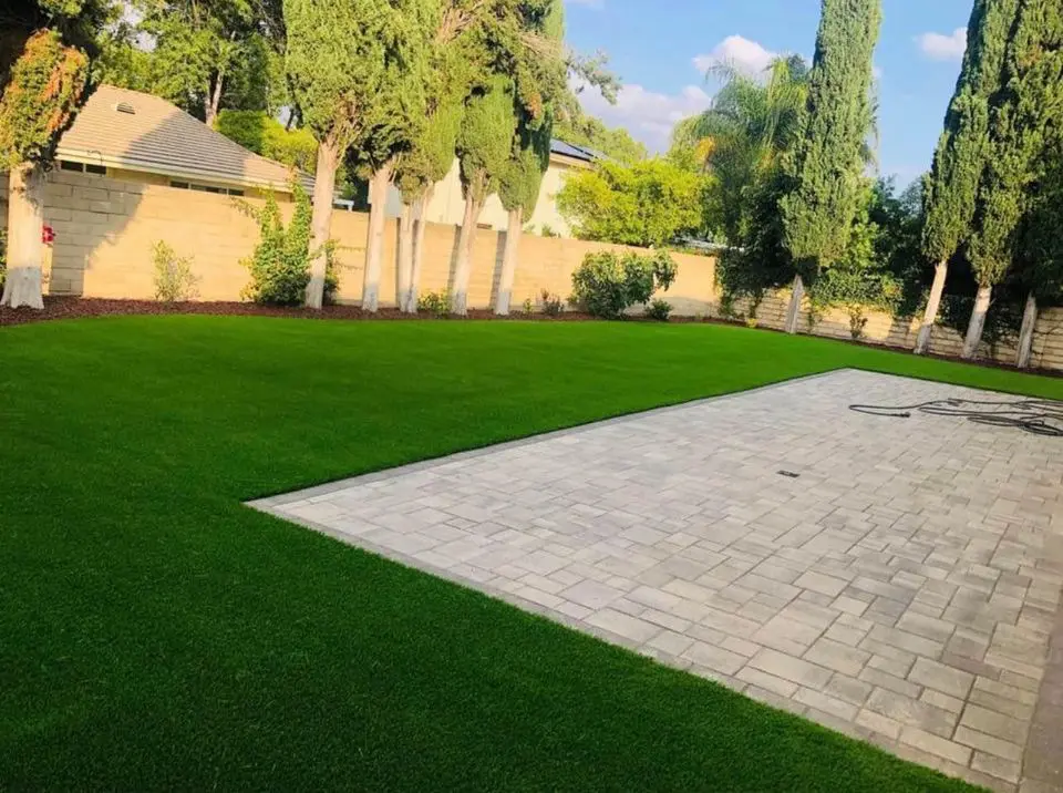 A manicured backyard with a lush green lawn and a paved patio area. The yard is bordered by a row of tall trees and a brick wall, with shrubs and a house partially visible in the background.