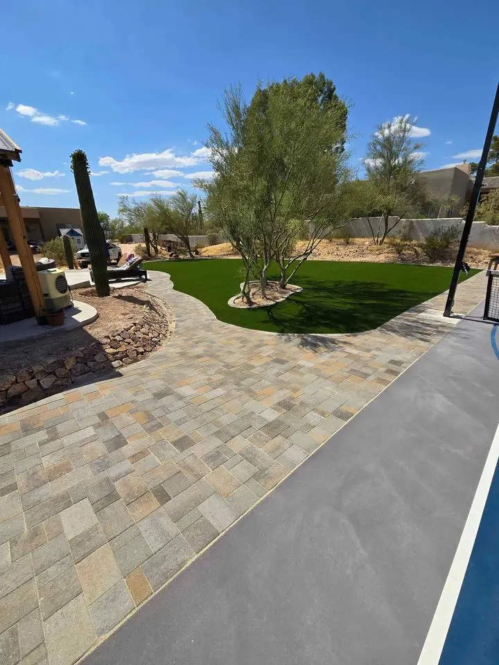A backyard with a paved patio, green lawn, desert landscaping, and tall cacti under a clear blue sky. A pool edge is visible in the foreground.