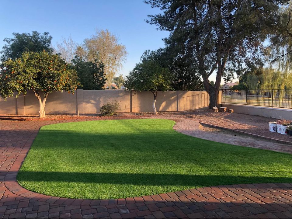 A backyard features a small patch of neatly trimmed green grass bordered by red brick pavers, reminiscent of Casa Grande Turf & Paver's craftsmanship. Trees surround the area, casting slight shadows on the ground. A clear blue sky is visible in the background.